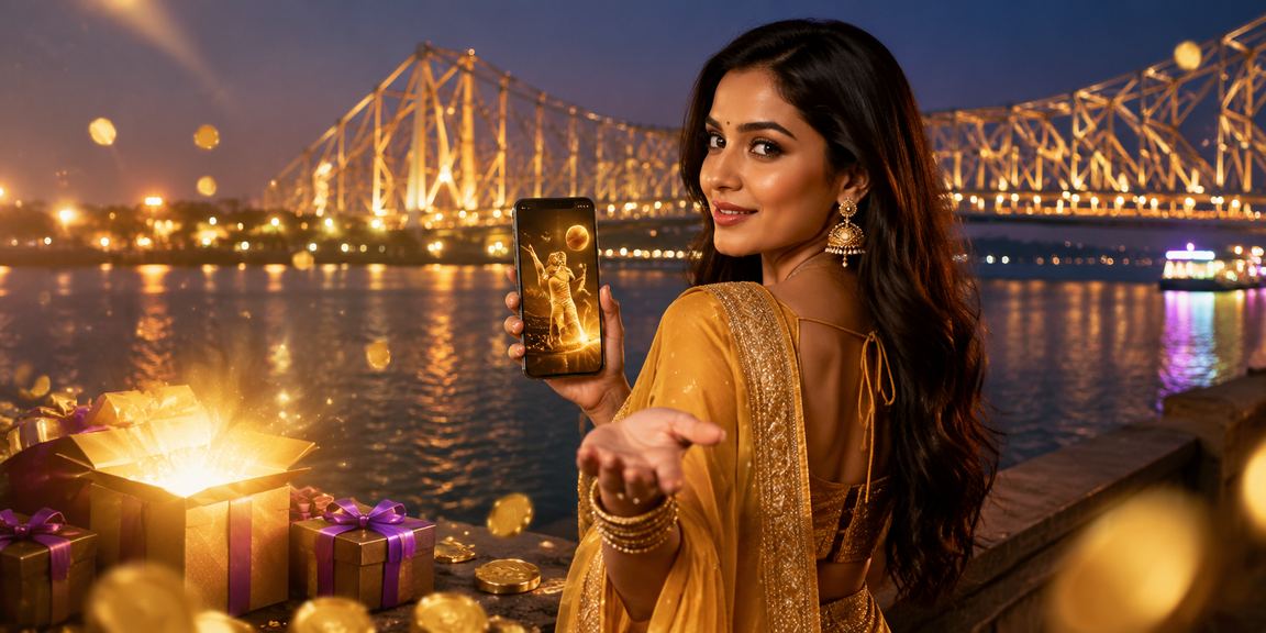 Players focused on rummy with Kolkata city lights background